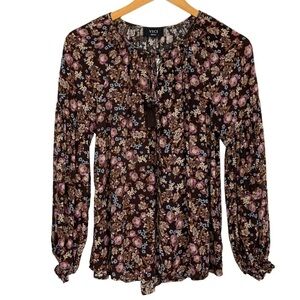 Vici Womens Floral Blouse Size Small Multicolor Peasant Top 3/4 Sleeve Tassels